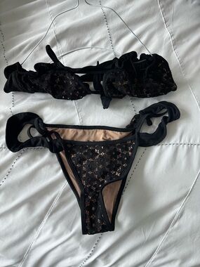 For Love and Lemons Black Lace Ruffle Strapless Bikini Set with Nude Lining Sz S